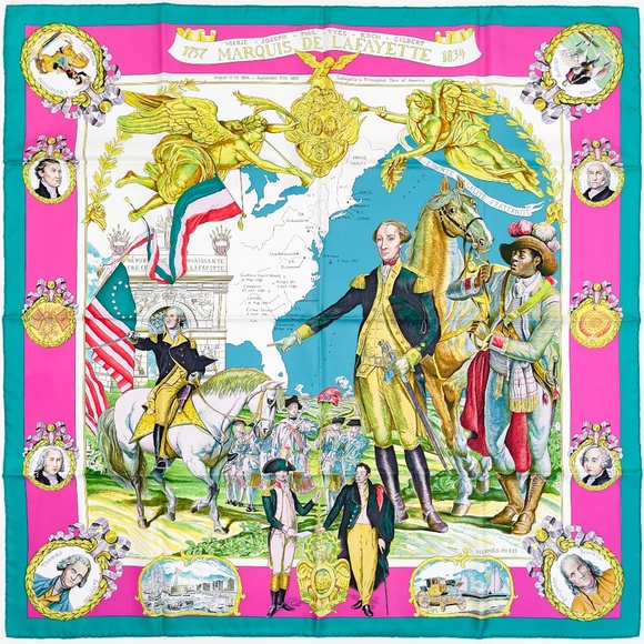 Collectible NWT Hermes Scarf Carré 90 "Marquis de Lafayette" in Turquoise/Pink - Picture 1 of 11